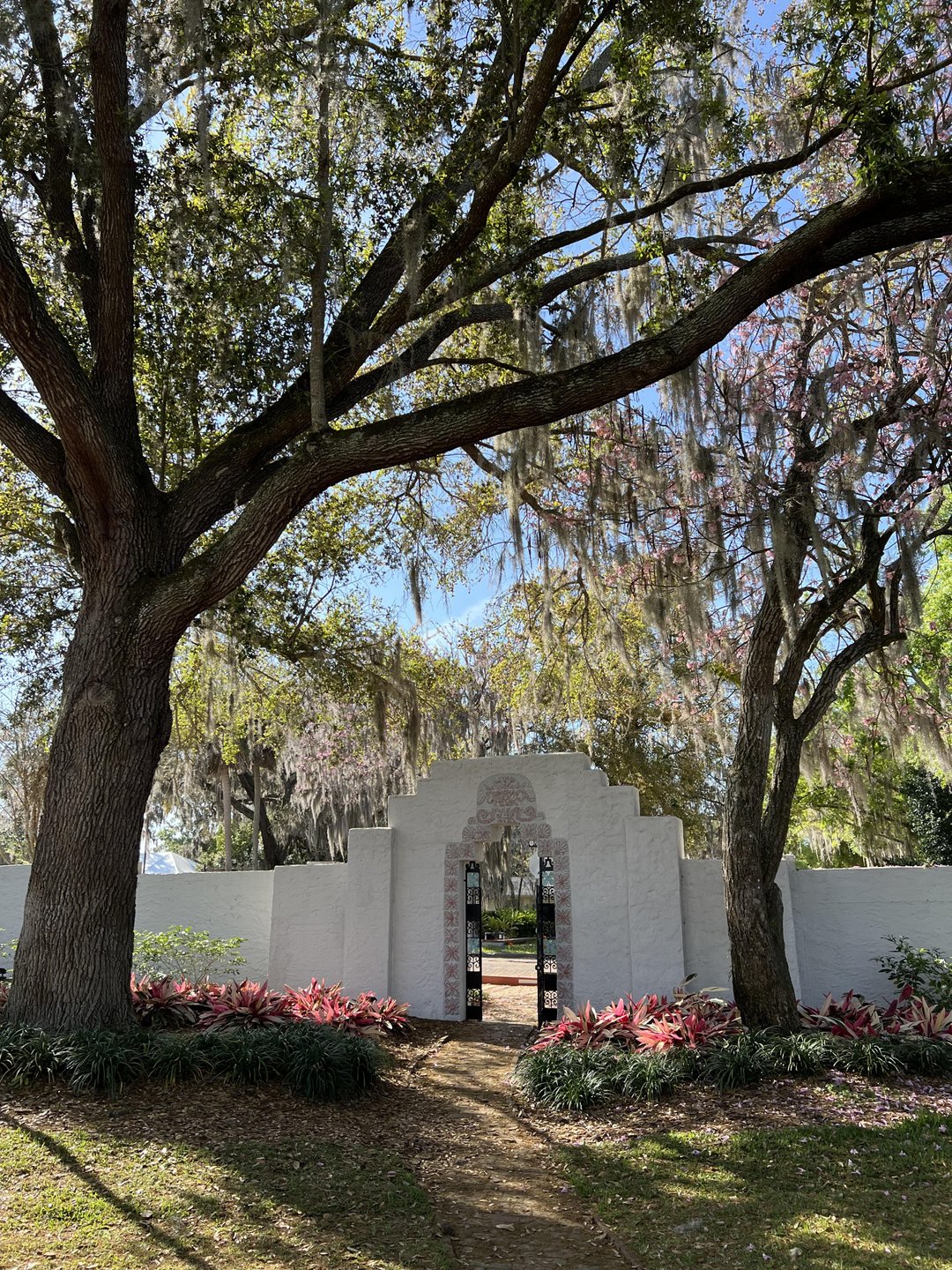 A white archway framed by large trees and vibrant plants leads into a serene garden, showcasing lush greenery and dappled sunlight.