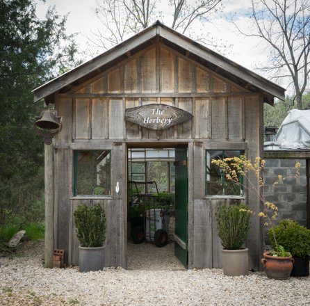 A rustic wooden shed labeled "The Herbery" with large windows, surrounded by greenery and potted plants, inviting exploration.