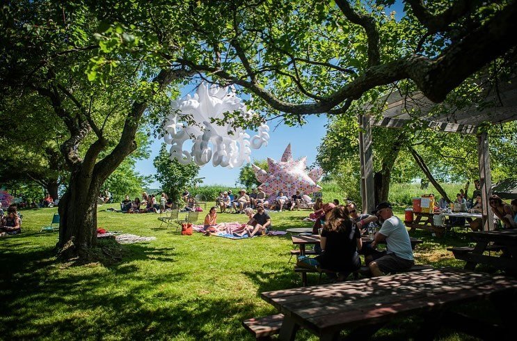 A vibrant outdoor scene with people picnicking under trees, colorful art installations, and picnic tables on lush green grass.