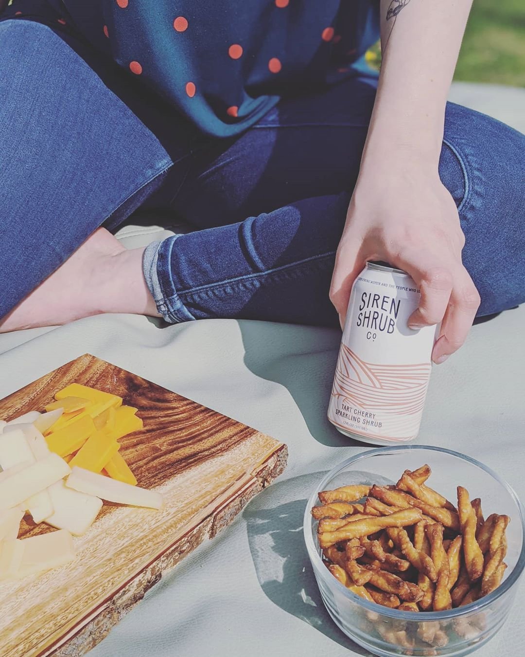 A person sits on a blanket, holding a can of beverage, with a wooden platter of cheese and a bowl of snacks nearby. Sunlight illuminates the scene.