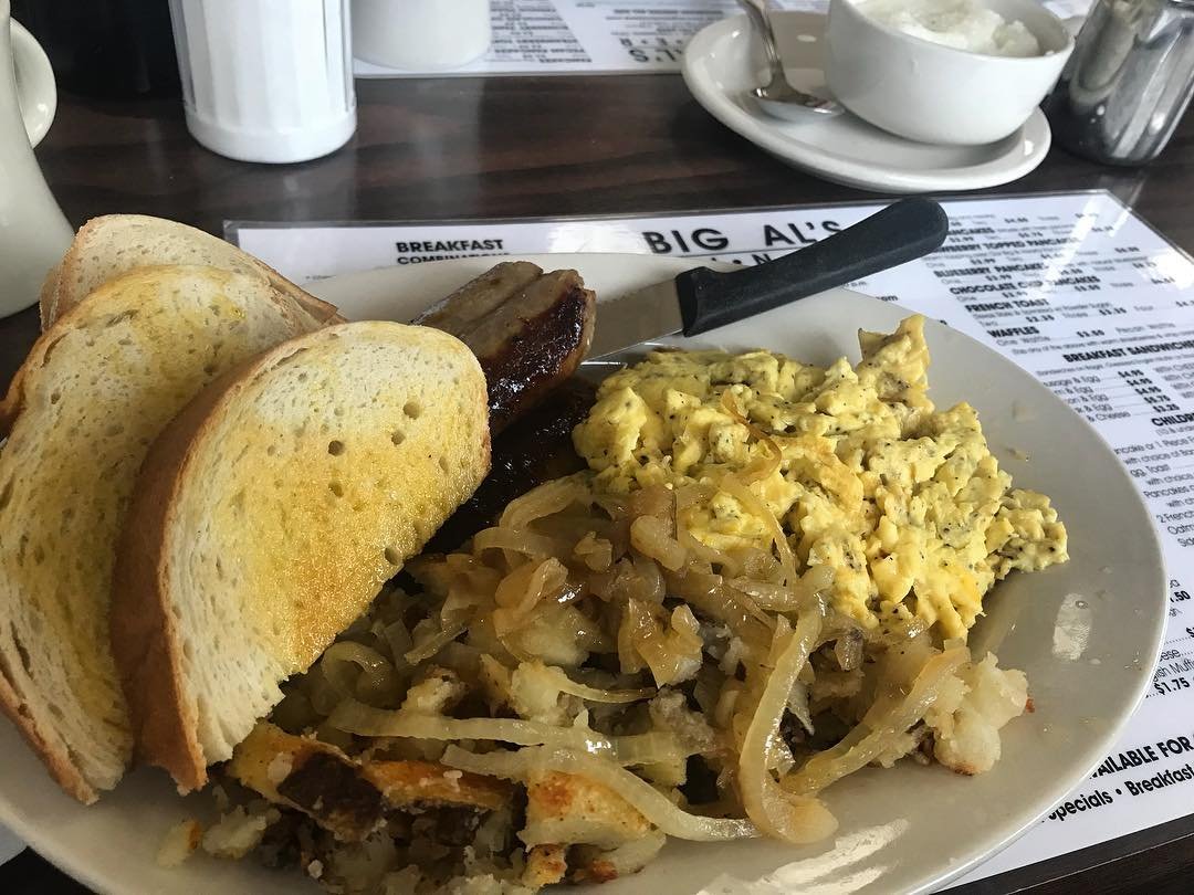 Photo by user thebachelorchef, caption reads Sometimes a greasy spoon is all you need. I always ask for the cook to put pepper in my eggs before he cooks it. Success rate of 60% so far but makes a difference. Check out Big Al's diner if you're ever in the land. Working on some new things here so had to find a few hole in the walls to call "home". #bigalsdiner #cleveland #breakfast #makefoodgreatagain