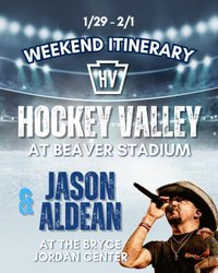 Promotional graphic for a weekend itinerary featuring "Hockey Valley" at Beaver Stadium and Jason Aldean at the Bryce Jordan Center.