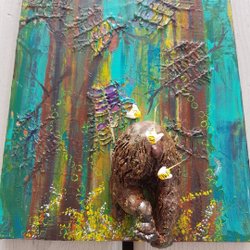 Photo by imaginingsbykaren, caption reads: Doing what brings me joy, sparked by many thoughts swirling in my mind. I created this in conjunction with the presentation ferniemuseum 8x10, mixed media, clay, acrylic. Always follow the joy. "Grin and Bear It ". Thanks to 
thejealouscurator for inspiring the conversation.  #arfeprojects 
#fernie 
#ferniestoke 
#createdaily 
#clayart 
#joy
#inspire