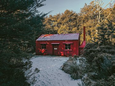 A rustic red cabin nestled in a snowy landscape, surrounded by dense green trees and underbrush, evoking a serene wilderness retreat.