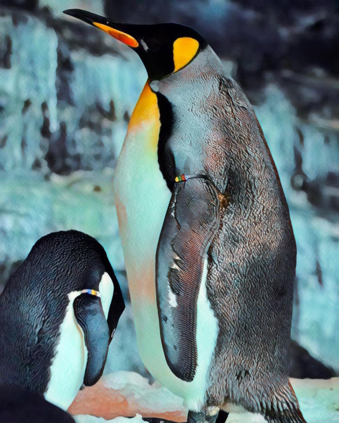 Two penguins stand on a snowy surface, with one prominently displaying its vibrant yellow and black markings. Ice formations create a chilly backdrop.
