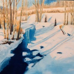 Photo by tessastanleyart, caption reads: Final tweaking, but this 16x16 oil painting, Winter Creek #1, is pretty much done. Working on 2 others in this small series .  #fernie #ferniebc #fernieart #canadianart #coalcreek #mountainart #edmontonart #fernieartist