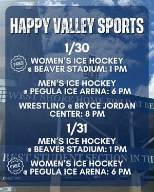 Promotional graphic for Happy Valley Sports events on January 30-31, featuring schedules for ice hockey and wrestling at local venues.